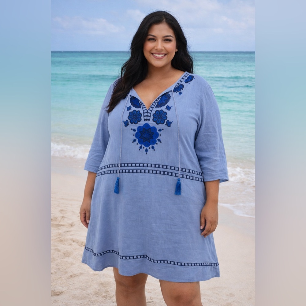 Boden Boho Blue Embroidered Peasant Tunic dress Sz US 16R Cottagecore Festival